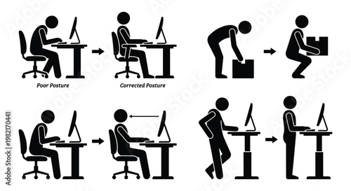 Ergonomic posture guide vector set, correct sitting and standing positions at office desk, healthy lifting technique stick figures