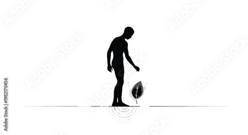 Human silhouette interacts with a delicate floating leaf, symbolizing environmental awareness, ecological balance, and the gentle impact of mankind on the natural world in a conceptual graphic.