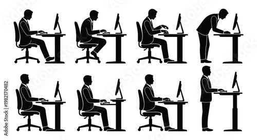 Ergonomic office posture silhouettes, businessman sitting and standing at desk, correct and incorrect computer workstation positions, 8 vector icons