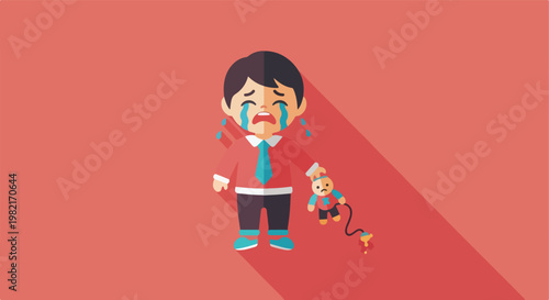 A distressed young boy crying and holding a broken doll on a coral background
