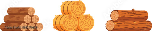Wood log vector set with stacked timber piles, natural tree trunk slices collection, forestry and lumber illustration isolated on white background