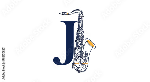 Illustration of a saxophone with a large letter J, symbolizing jazz music and performance.