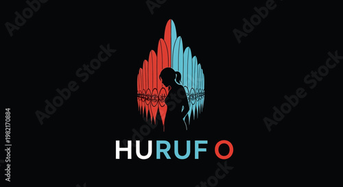 Silhouette of a woman against a backdrop of abstract flame-like shapes in red and blue