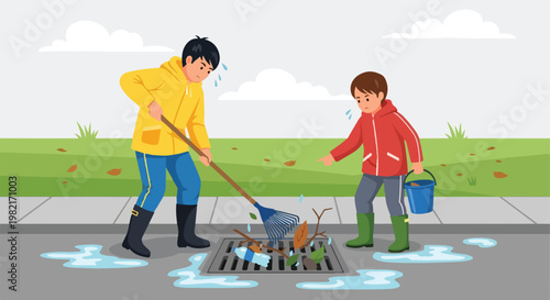 Two young people cleaning debris and trash from a storm drain on a rainy day