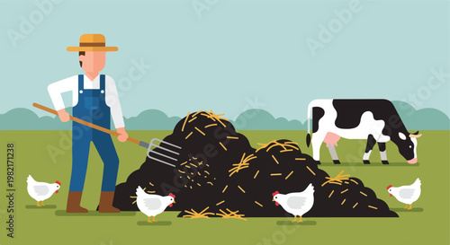 A farmer in overalls with a pitchfork works in a pasture with a cow and chickens