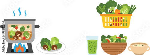 Healthy Cooking and Vegetable Preparation Set with Soup Pot Fresh Ingredients Salad and Juice Illustration Collection for Nutrition and Kitchen Design