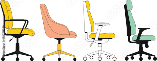 Office chair vector set with ergonomic swivel seating designs, modern workspace furniture collection, adjustable desk chairs illustration isolated on white background