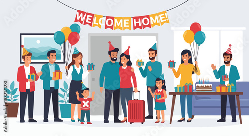 People in party hats welcoming a traveler home with gifts, balloons, and cake