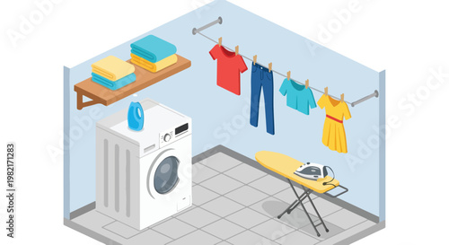 Isometric view of a laundry room with a washer, iron, and hanging washed clothes