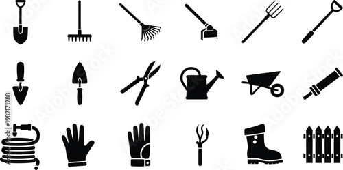 Set of black gardening tool silhouettes including shovel rake watering can and wheelbarrow