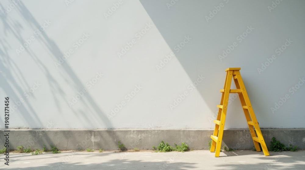 Fototapeta premium Yellow ladder against grey wall in outdoor setting 