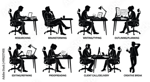 Freelance work process silhouettes, set of 8 icons for researching and brainstorming, office worker at desk vector illustrations