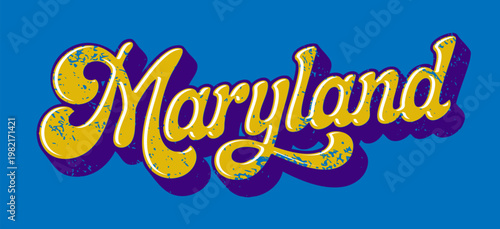 Vintage Maryland Script Lettering - Retro 3D Text Design with Golden Yellow Color on Blue Background