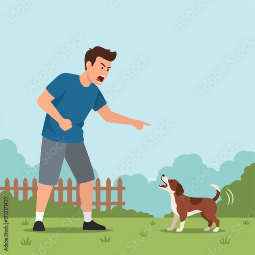 An angry man yells and points a finger at his barking dog in a backyard garden