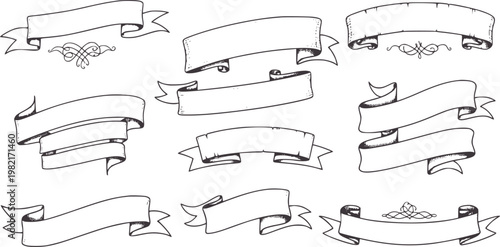Collection of hand drawn vintage ribbon banners with ornate scroll details handdrawn