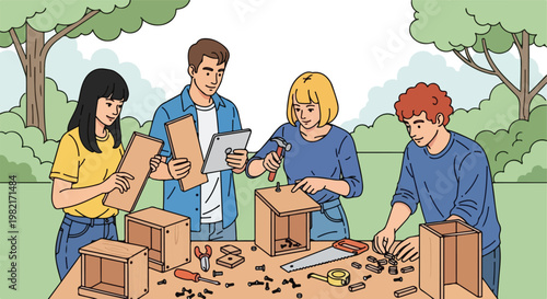 Four people collaborate to build wooden birdhouses outdoors on a work table