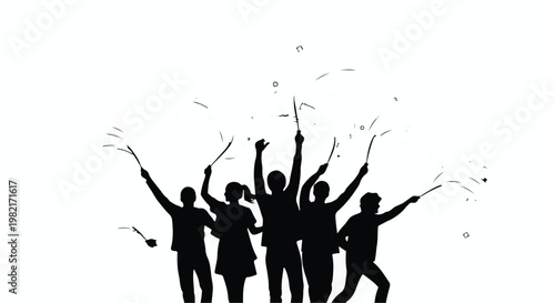 People silhouettes celebrating with sparklers captures a joyful scene of unity, excitement, and festive spirit, highlighting a group of individuals sharing a memorable moment together.