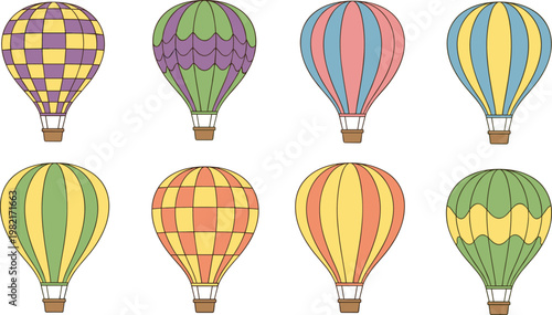Hot air balloon vector set with pastel colors and classic patterns, decorative flying balloons collection, travel and adventure illustration isolated on white background