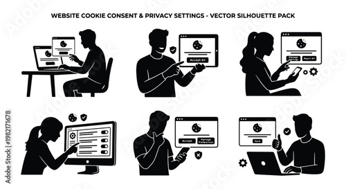 Website cookie consent and privacy settings vector silhouette pack, people managing internet security and data protection, black and white icons