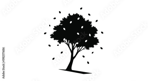 Tree silhouette with falling leaves creates a somber and evocative visual representation of seasonal transition, the passage of time, and the natural cycle of life in a forest setting.