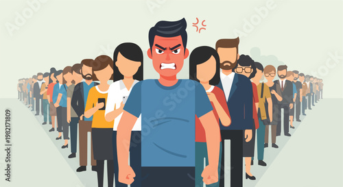 An angry man standing in the center of a large crowd of people in a line