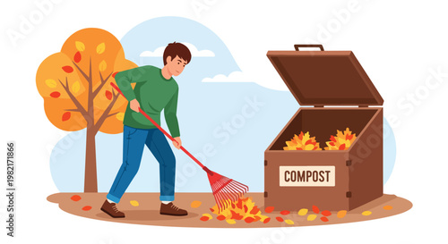 A man rakes fallen autumn leaves into a wooden compost bin in a garden setting