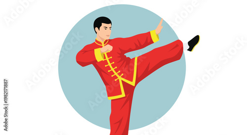 A martial artist performing a high side kick while wearing a red traditional suit