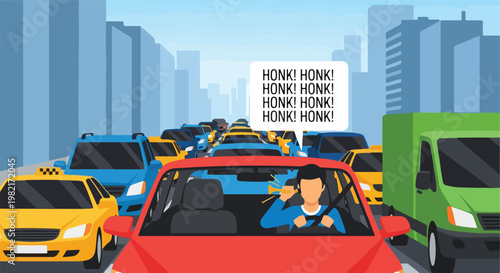 A driver in a red car blows a horn in a crowded city street traffic jam