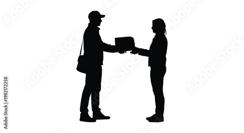 Delivery courier silhouette handing package to customer, mailman giving cardboard box to woman, shipping and logistics service vector illustration