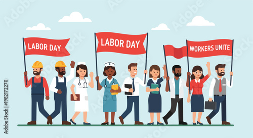 Diverse professionals marching together while holding red Labor Day protest flags