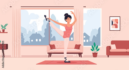A woman in a pink leotard performs a ballet pose in a bright, modern living room