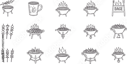 Hand drawn barbecue grill with skewers and mug food fire