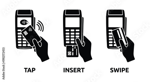 Credit card payment terminal icons, contactless tap and chip insert methods, black and white vector set for retail checkout and banking transactions