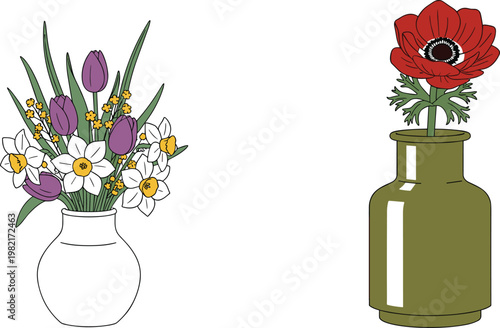 Floral Vase Vector Set with Colorful Spring Flowers and Elegant Flower Arrangements for Home Decor and Wedding Designs