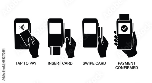Contactless payment terminal icons set, tap to pay and swipe card instructions, credit card machine transaction steps, black vector silhouettes