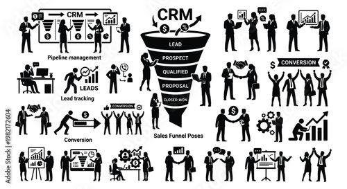 CRM sales funnel process icons, business pipeline management and lead tracking vector set, customer relationship management silhouettes