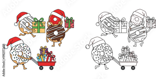 Cute Christmas donut characters with gifts illustration set and black and white line art coloring page for kids holiday activities