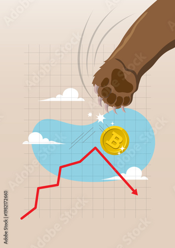 Bitcoin Market Crash Concept – Bear Paw Striking Crypto Coin and Red Downward Arrow