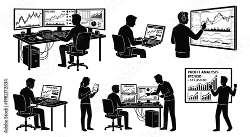 Stock market trader silhouettes, financial data analysis set, professional investors monitoring trading charts and profit graphs on computer screens