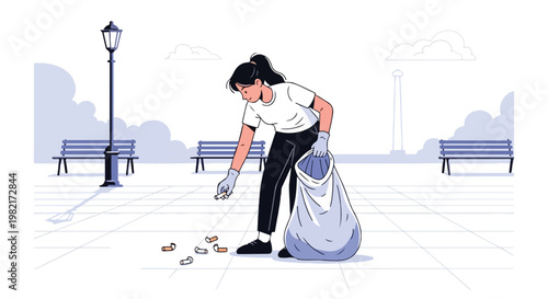 A woman in a park wearing gloves picks up discarded cigarette butts into a bag