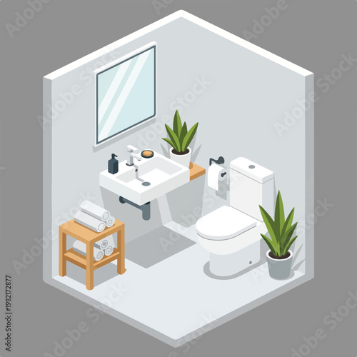 An isometric view of a clean modern bathroom with toilet, sink, mirror, and plants