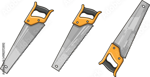 Hand saw vector set with different angles, carpentry tools collection, woodworking equipment illustration, detailed construction tool isolated on white background