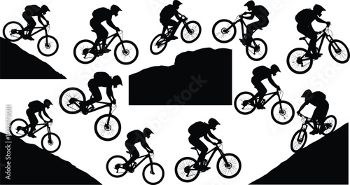 cycling, mountain, bike, mountainbike, silhouette, extreme, downhill, rider, stunt, action, sport, athlete, off-road, outdoor, vector
