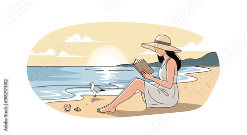 A woman in a sun hat sits on the beach reading a book by the ocean at sunset
