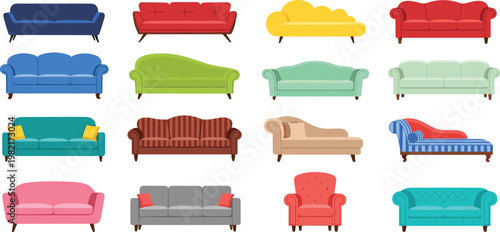 Classic and modern sofa vector set with vintage couches, elegant upholstered seating furniture collection, colorful living room interior illustration isolated on white