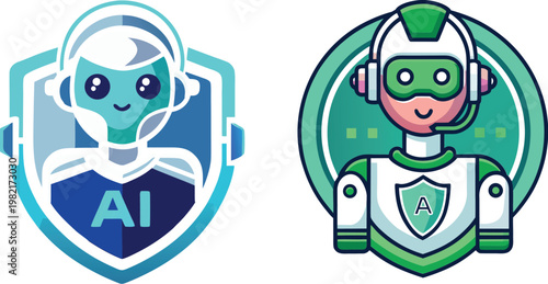 Two cartoon robotic avatars with headsets representing artificial intelligence support high quality
