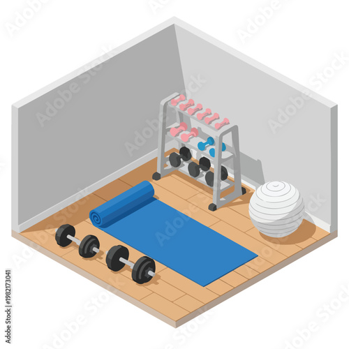 Isometric view of a home gym room with a yoga mat, weights rack, and fitness ball