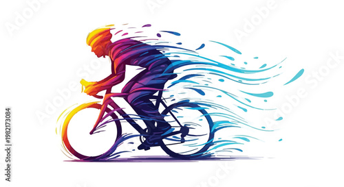 Cyclist speeds forward in a vibrant display of dynamic motion, with colorful liquid paint streaks trailing behind the bicycle to symbolize high-performance athletic energy and rapid velocity.