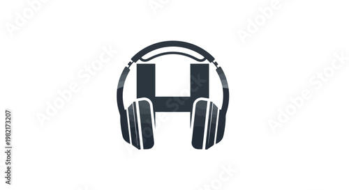 Modern headphones with letter H logo, minimalist design, white background, audio concept