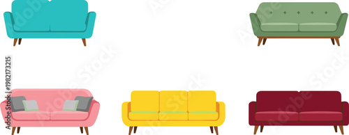 Modern sofa vector set with colorful couches, stylish living room furniture collection, comfortable home seating illustrations isolated on white background